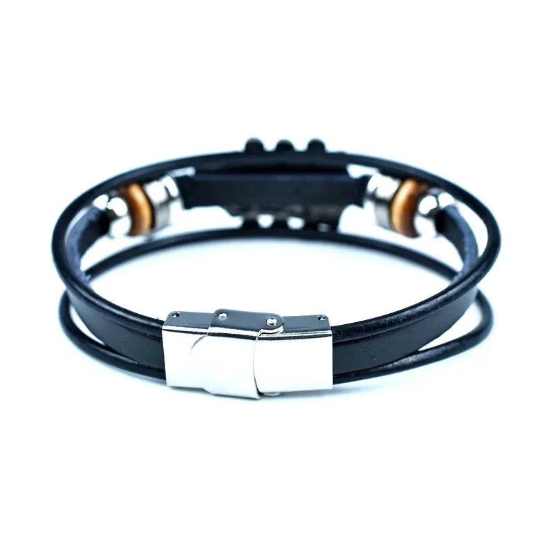 Guitar Headstock Leather Wrap Bracelet for Men Women, Vintage Multi Layer Black PU Leather Wooden Bead Music Note Cuff Wristband, Rock Punk Music Lover Jewelry Gift for Concert Birthday Daily Party