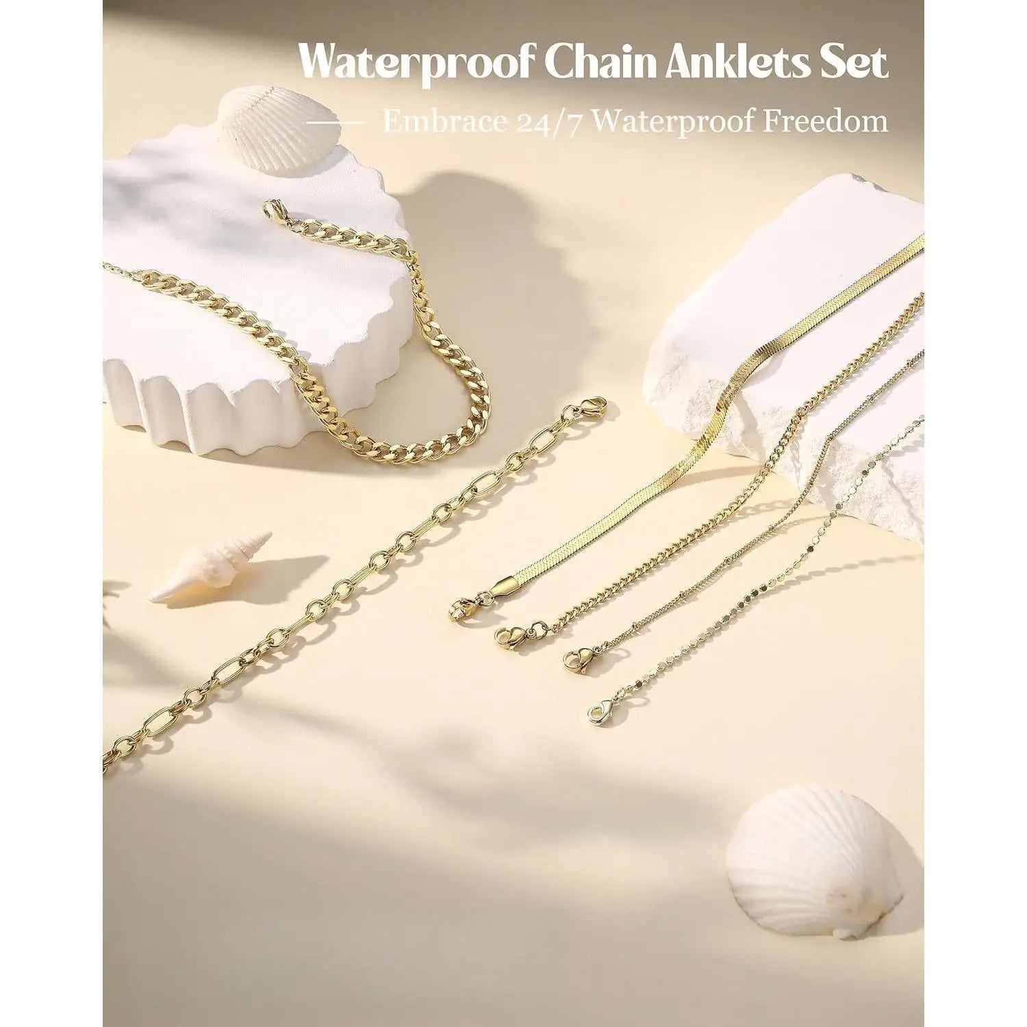 6PCS Ankle Bracelets for Women 14K Gold-plated  Anklets Stainless Steel Cuban Link Chain Anklet Set Layered Beach Jewelry Gift