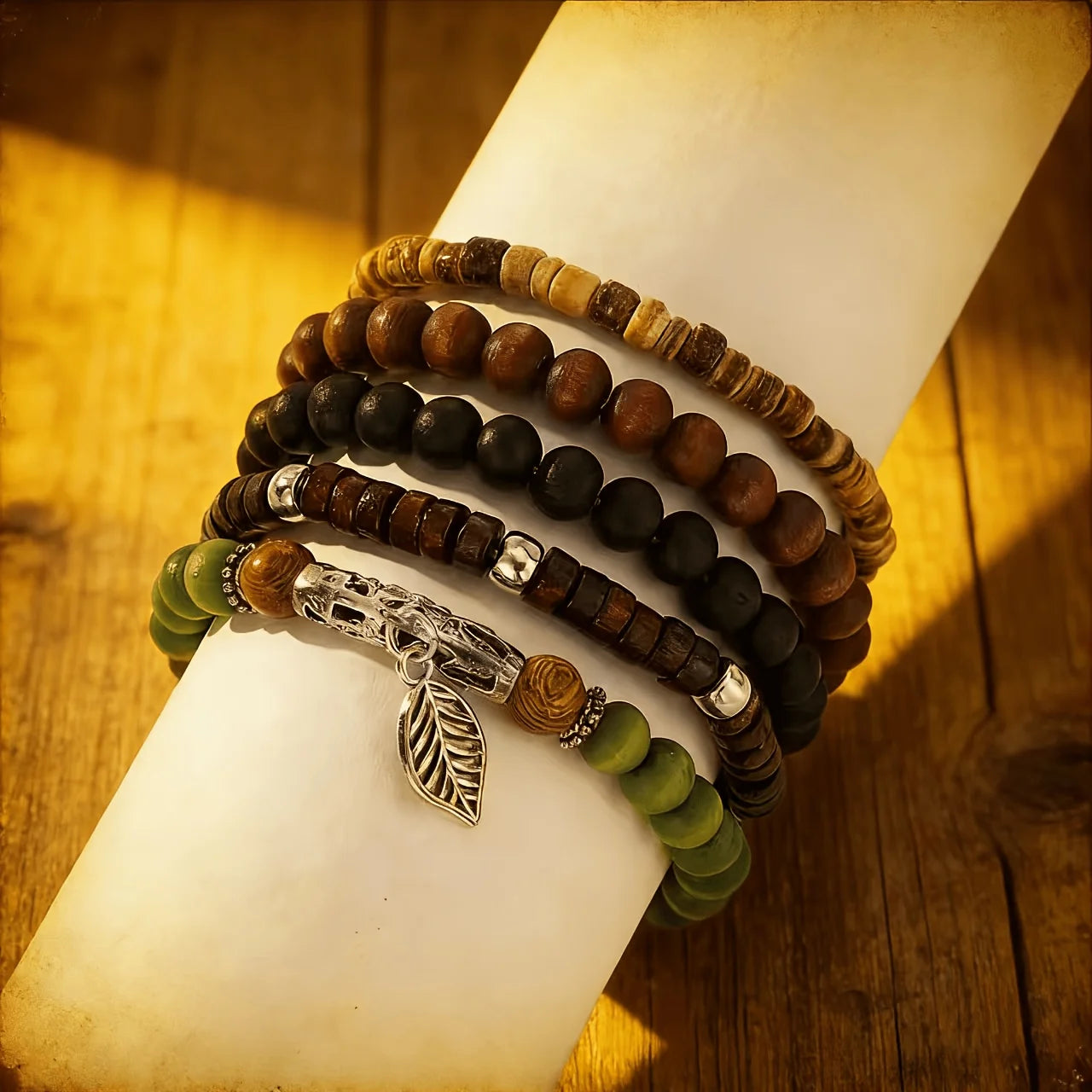 5Pcs Retro Bohemian Wooden Bead Coconut Shell Bracelet Set Handmade Beaded Stackable Wrist Jewelry for Unisex