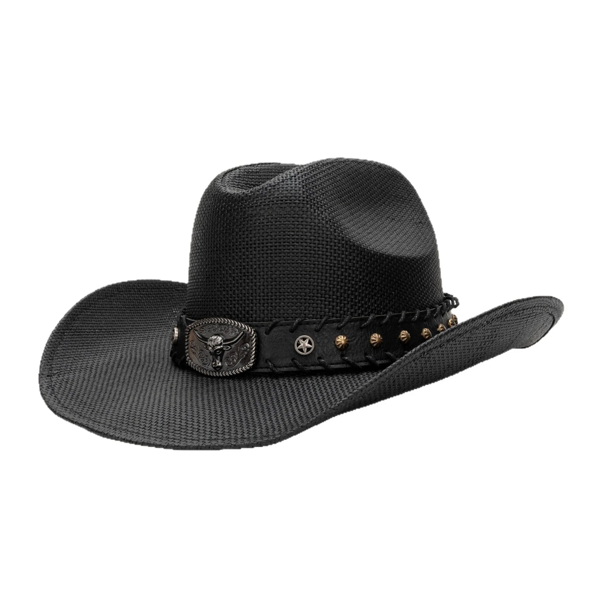 Western Style Straw Cowboy Hat with Cattle Head Design and Belted Sun Protection for Outdoors