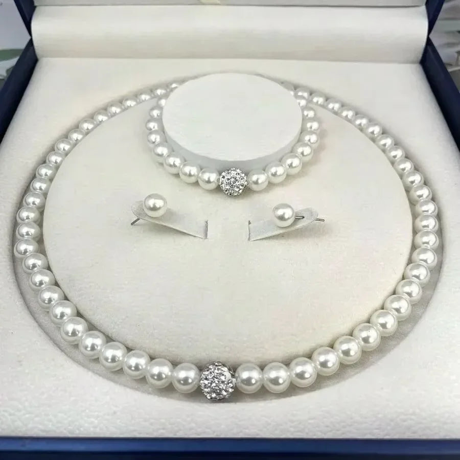 3 PCS set Imitation Pearl Fireball Necklace Bracelet Earring Stud Jewelry Set Silver Color Crystal Stone Elegant Bridal Jewelry