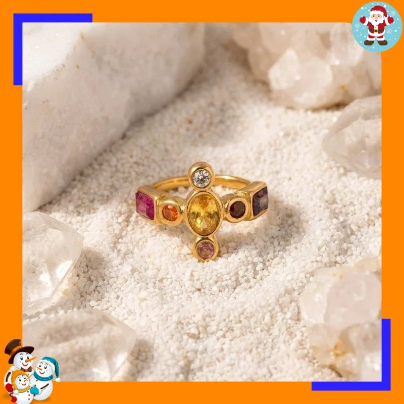 Medieval Retro Cross Colored Treasure Ring Multi-color Splicing Special-shaped Zircon Stainless Steel Ring Court Style