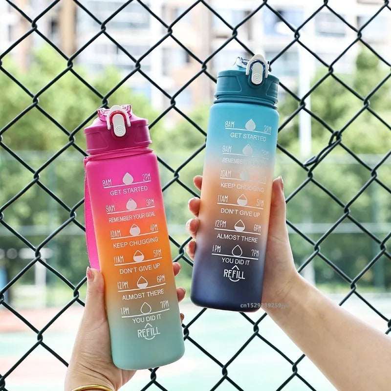 1pc Gradient Sports Water Bottle with Straw & Time Marker for Outdoor Fitness Hiking & Gym Leakproof Travel Water Bottle mbzr