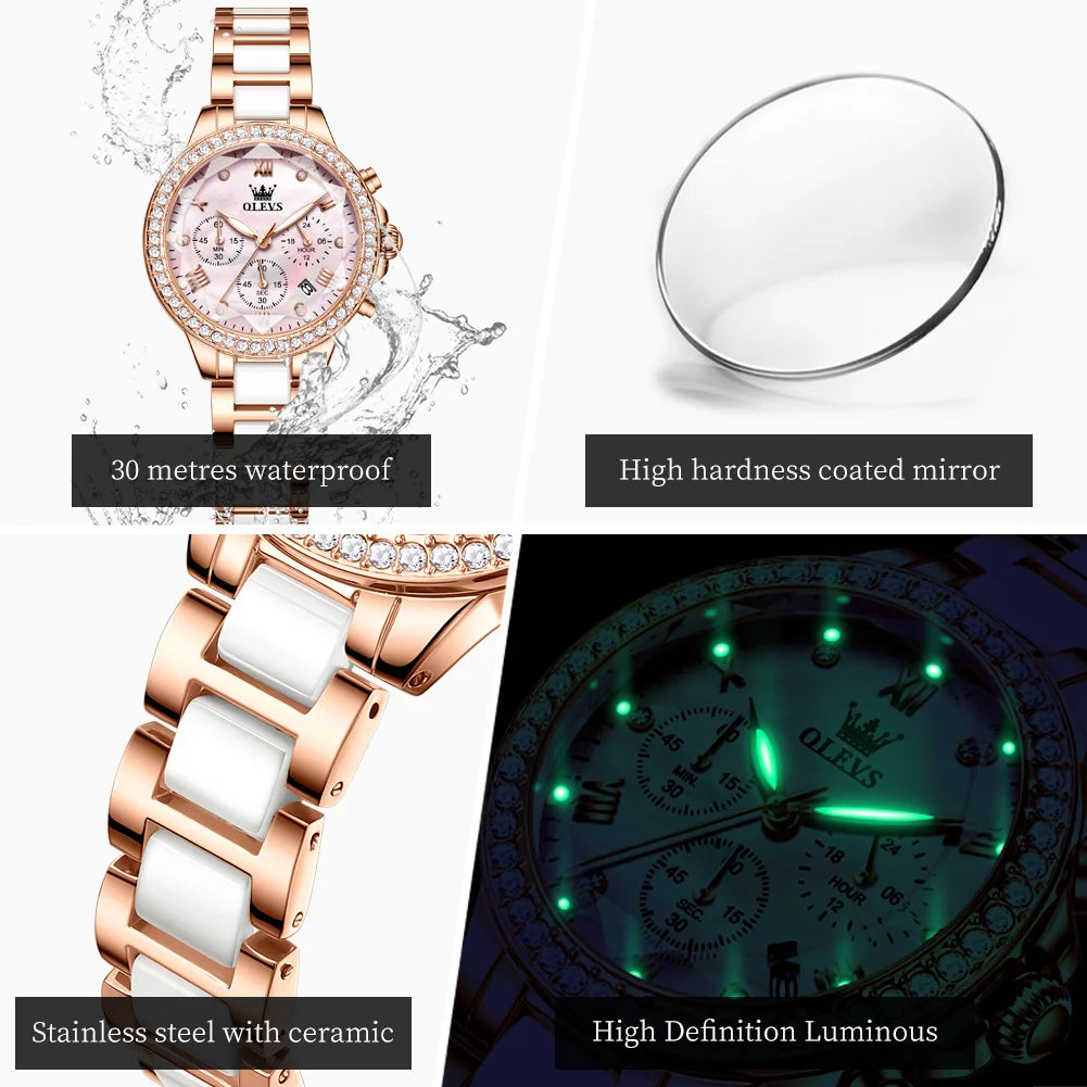 OLEVS 9999 Women Watch Brand Original Elegant Waterproof Chronograph Luxury Ceramic Dress Pink Women Quartz Watch Reloj Mujer mbzr