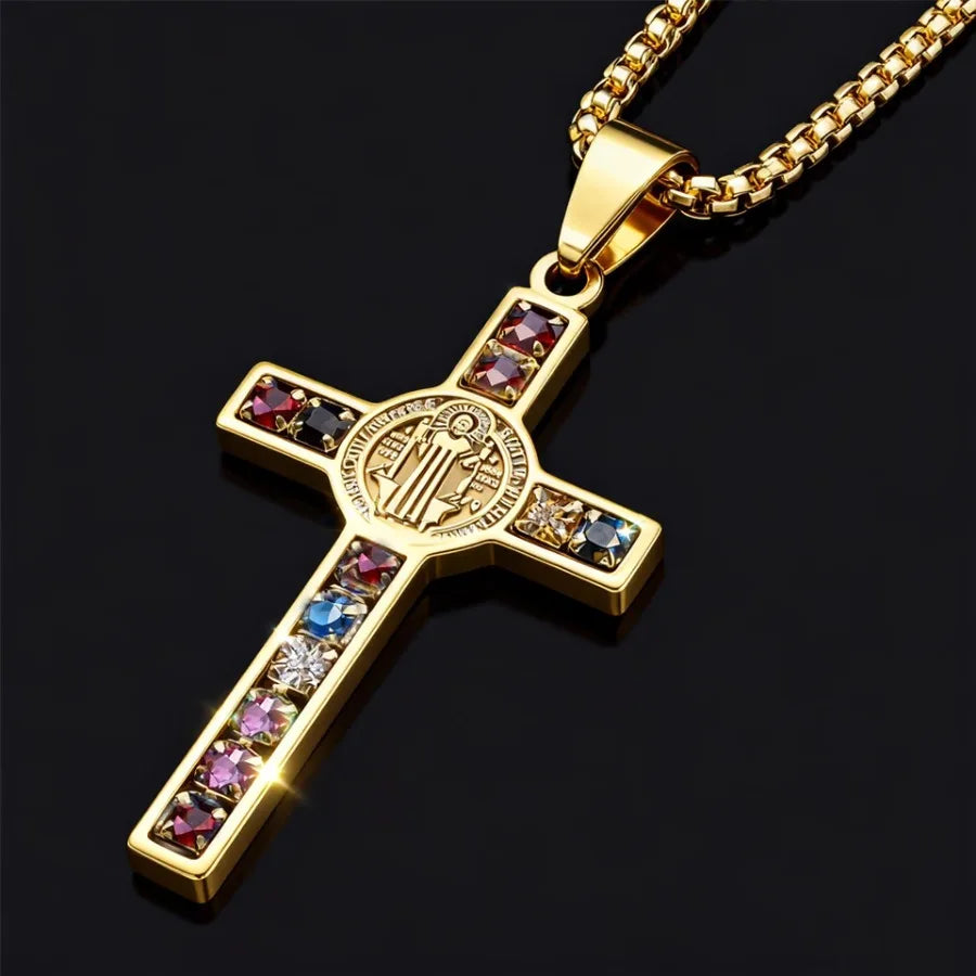 Stainless Steel Saint Benedict Cross Necklace, Zircon Inlay