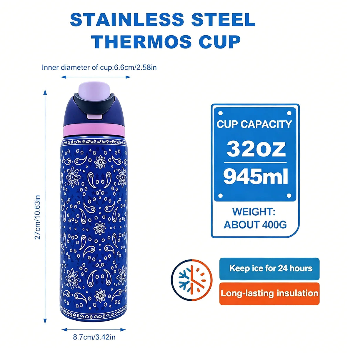 Owalaa cashew nut pattern 32oz/945ml stainless steel insulated water bottle with straw,for daily sports outdoor,perfect gift mbzr