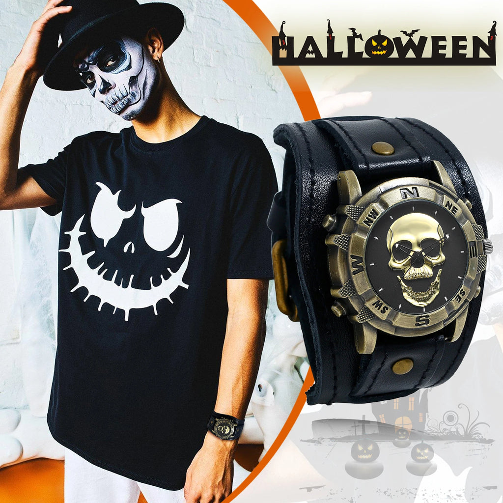 LANCARDO Men's Analog Quartz Watch Halloween Punk Motorcycle Leather Watch Retro Sports Casual Wide Leather Watch Skeleton Decor