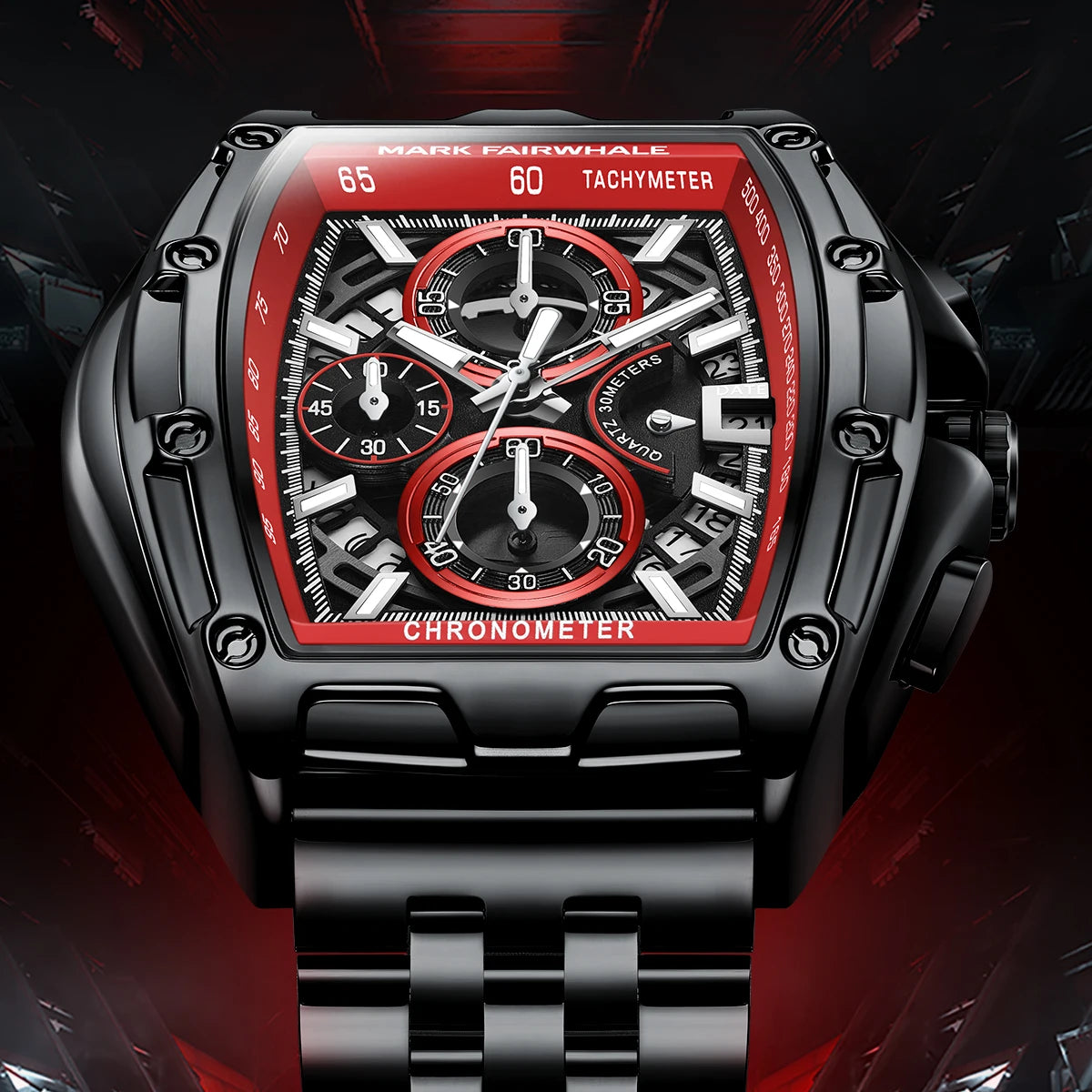 Mark Fairwhale  Tonneau Large size  multi-dial Quartz Men's Watch Waterproof Calendar Silicone Alloy Strap Sport Watches for man mbzr
