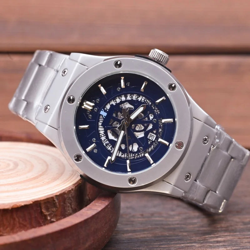 Fashion Luxury‑Style Mens Quartz Wristwatch Hollow‑Cut Dial Alloy Case Metal Strap Date Display Daily‑Waterproof Casual Sports Watch for Men