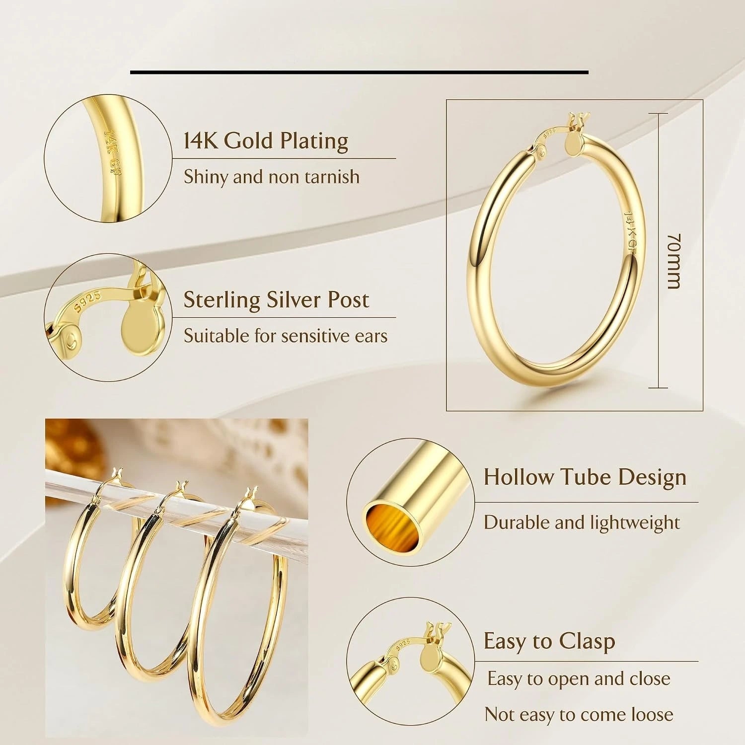 14K Chunky Gold Plated Hoop Earrings for Women 925 Sterling Silver Post Hollow Tube Hoops Earrings 4mm Thick Hoop Earrings Hypoallergenic Lightweight Gold Big Large Hoop Earrings 25/30/40/50/60/70MM