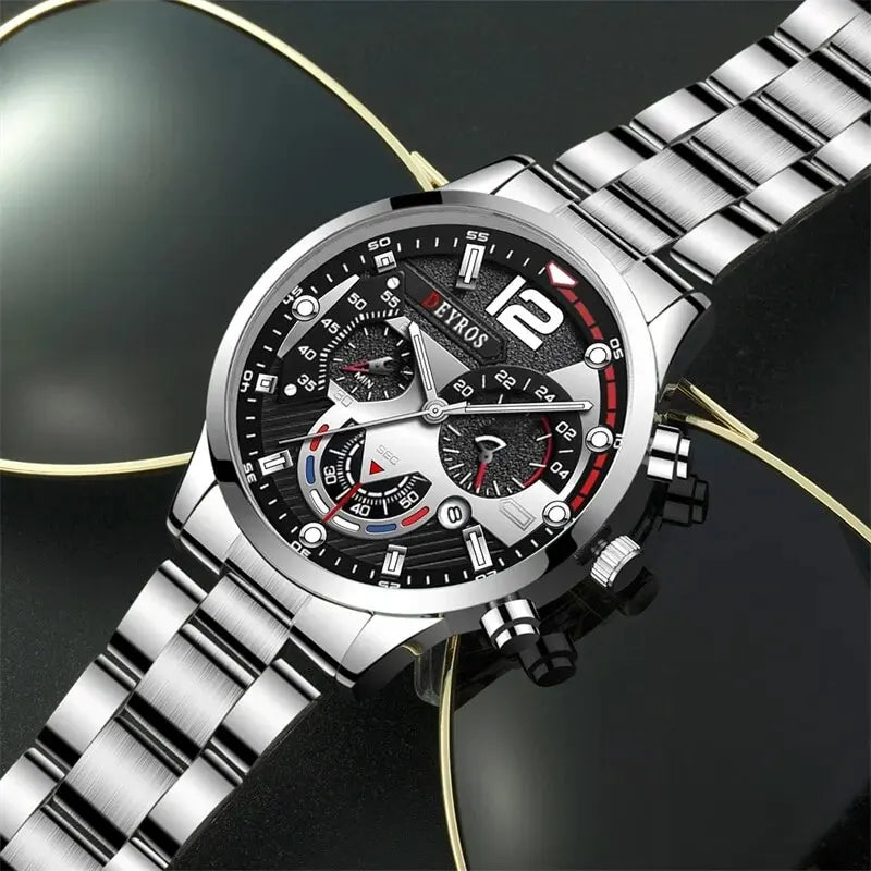 2pcs Luxury Mens Silver Quartz Watch With Stainless Steel Bracelet Men Fashion Business Casual Watch Luminous Clock mbzr
