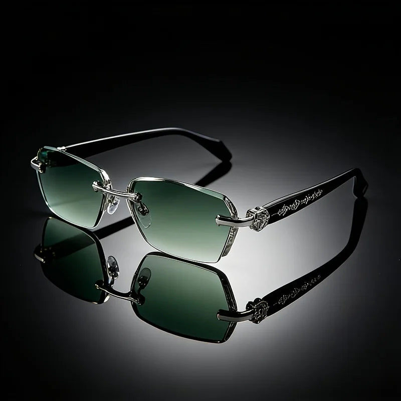 New classic retro square frameless small frame trendy daily casual wear sunglasses, metal frame + PC lenses, unisex street sunglasses, simple and advanced sense, light and no nose pressure, showing a small face artifact