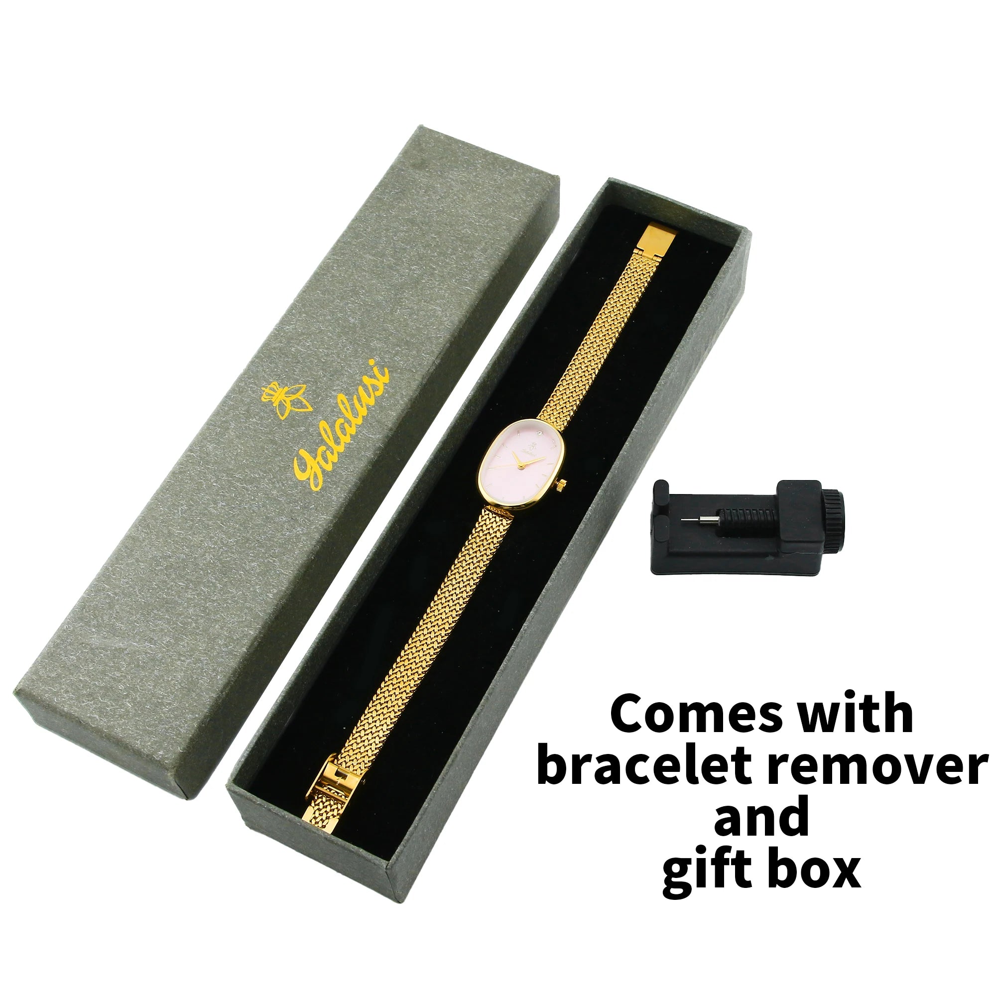 YaLaLuSi Oval Pink  Dial Gold Herringbone Mesh Women Watch Tiny Diamond Index Minimal Thin Case Ladies Quartz Bracelet Dress Wristwatch
