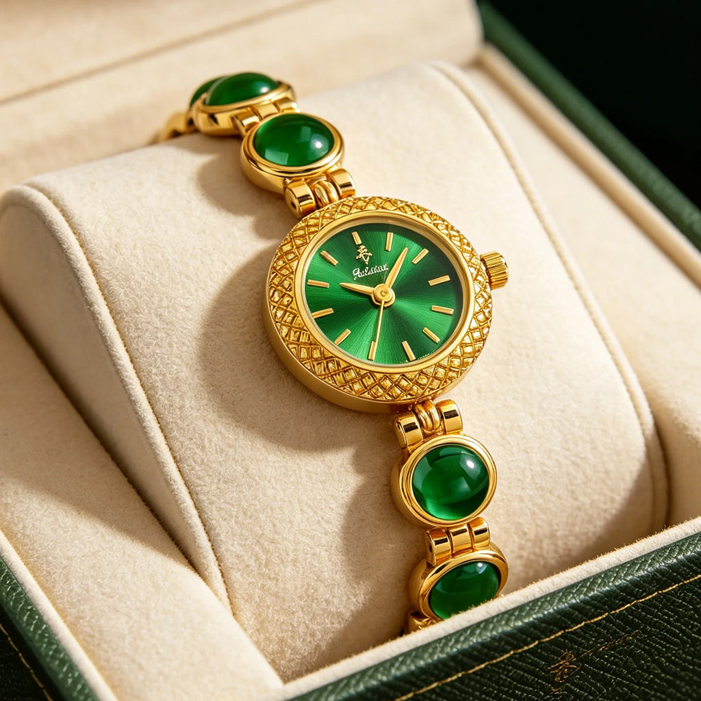 YaLaLuSi Vintage Gold  Green Women Watch  Inlaid Chain Bracelet Elegant Ladies Quartz  Wristwatch With Gift Box