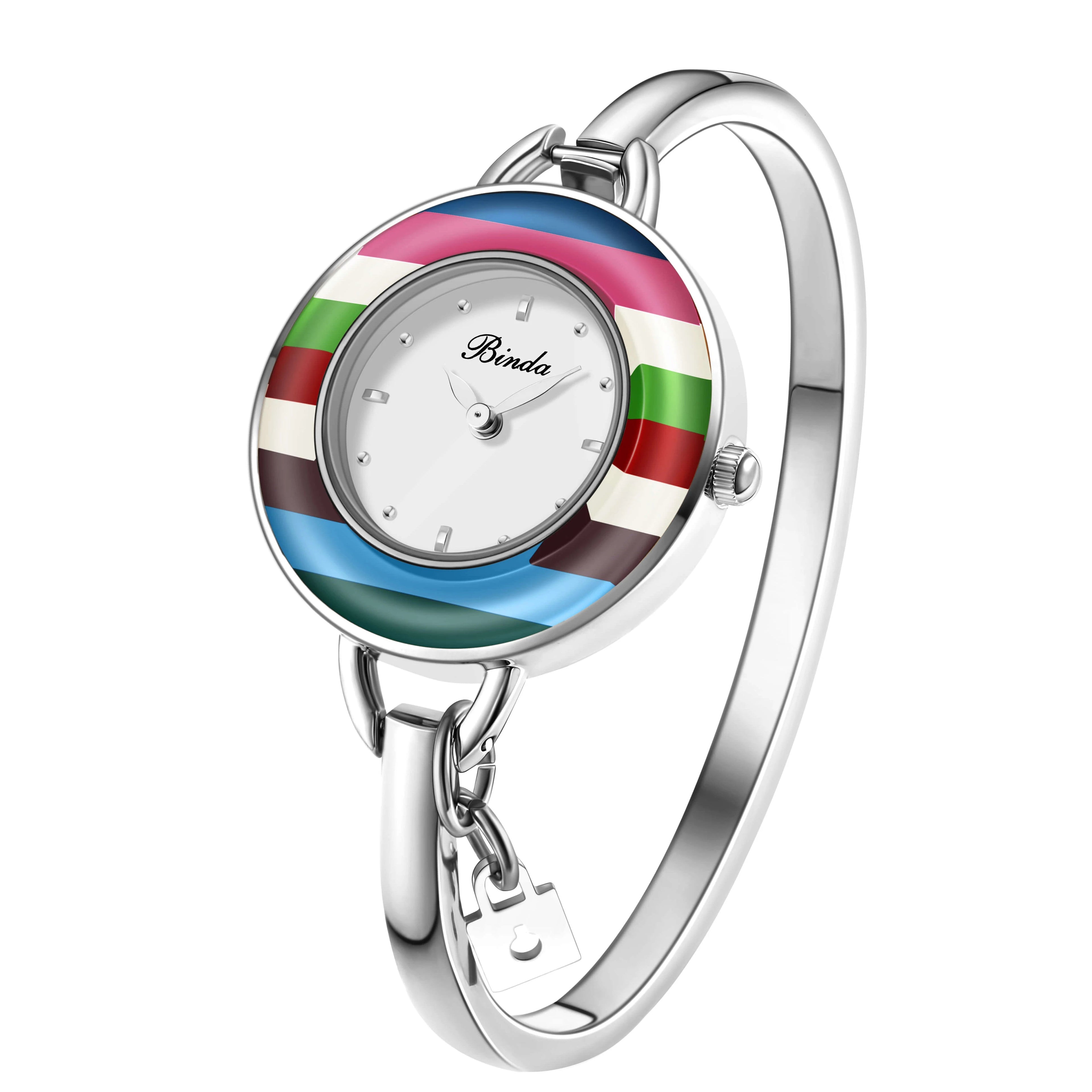 BINDA Elegant Quartz Watch Rainbow Gold Stainless Steel Bracelet Round Delicate Dial mbzr