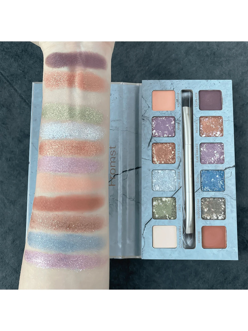 12-color eyeshadow palette, mirror packaging, pearlescent shimmer, stage makeup effect, long-lasting, easy to apply, waterproof mbzr