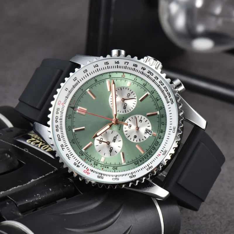 Men Quartz Chronograph Watch Silver Alloy Case Tachymeter Scale Bezel Date Display Soft Silicone Rubber Strap Sports Male Wrist Watch
