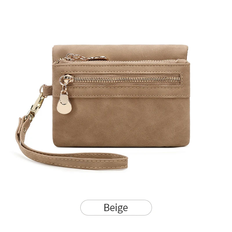 Retro double  fold PU leather short wallet with zipper coin pocket  multiple card slots and wrist band casual portable card clip mbzr
