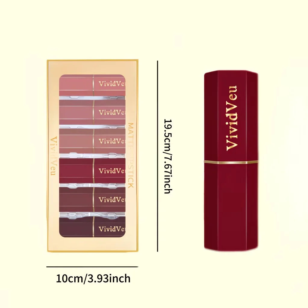 Luxurious 6-Piece Matte Lipstick Set: Long-lasting and highly pigmented, featuring a creamy-smooth texture suitable for all skin tones—perfect for both everyday wear and festive party looks. mbzr