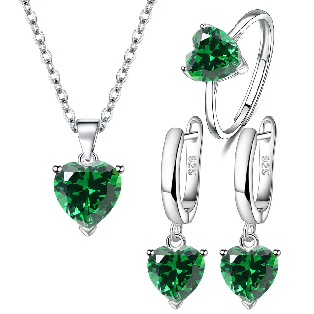925 Sterling Silver Jewelry Sets For Women Heart Zircon Ring Earrings Necklace Wedding Bridal Elegant Christmas 18k italian real gold jewelry set for women wedding rings bracelet mbzr