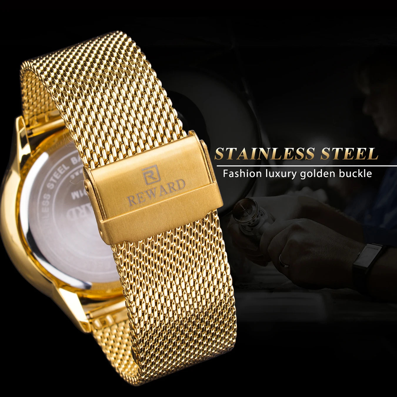 REWARD Classic Gold Wrist Watches For Top Brand Luxury Business Date Waterproof Luminous Stainless Steel Men Quartz Wristwatch