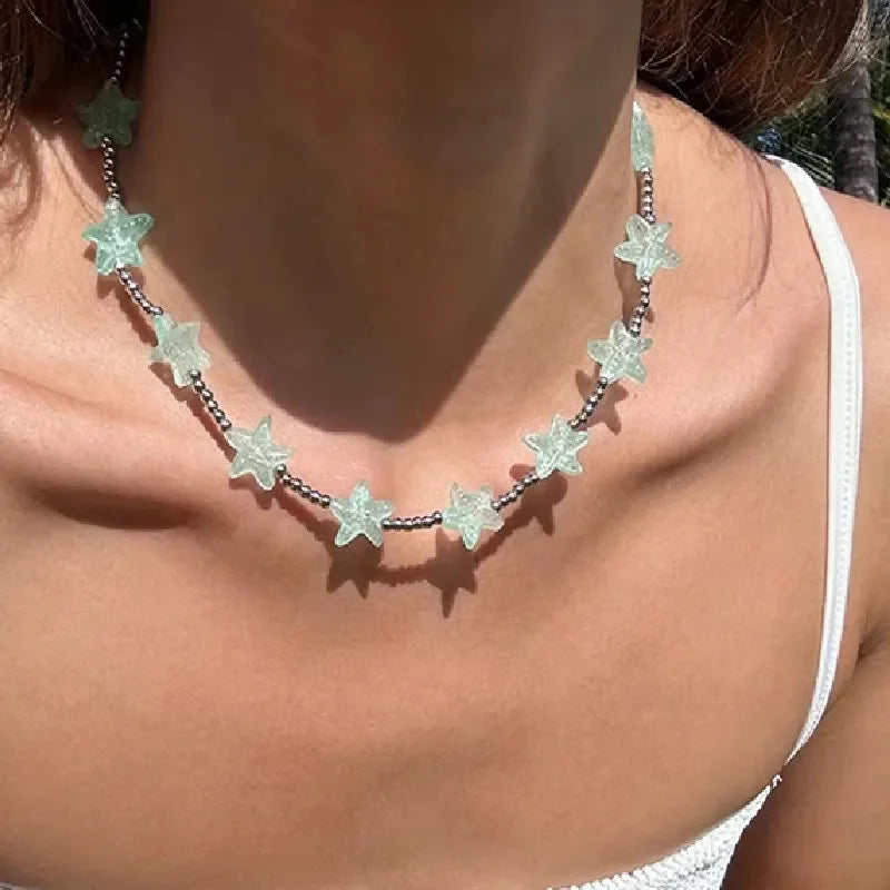 Summer Mint Blue Starfish Beaded Necklace Bracelet Ring Seaside Vacation Jewelry Set For Women And Girls Boho style mbzr