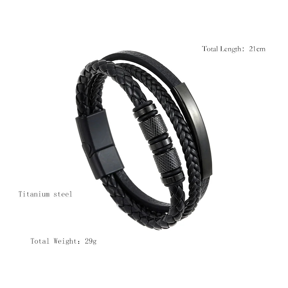 Chunky Leather Bracelets for Men Boys,Multi-layer Bracelets with Stainless Steel Bend Tag,Casual Jewelry Gift to Father Husband