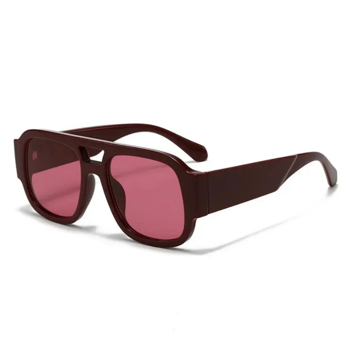Retro Square Aviator Sunglasses — Burgundy Frames with a Cutout Bridge Design mbzr