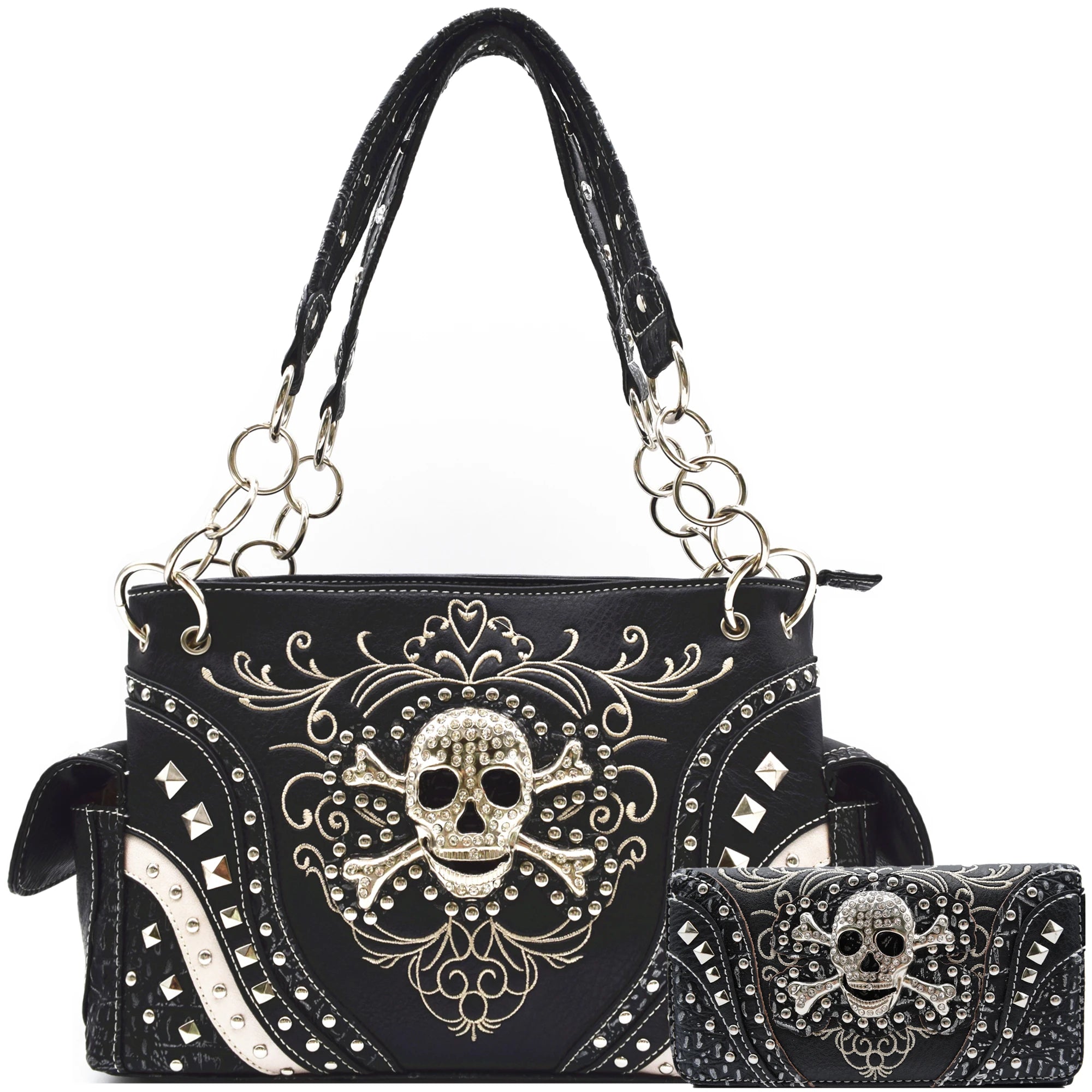 Punk Gothic Rock Metallic Skull Day of the Dead Floral Sugar Skull Leather Purse Women Handbag Shoulder Bag Wallet Set