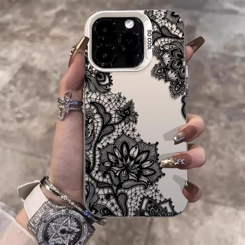 Black Lace Pattern INS Wind Phone Case for iPhone 17/16/15/14/13/12/11 Pro Max Plus Fashion Hard Case