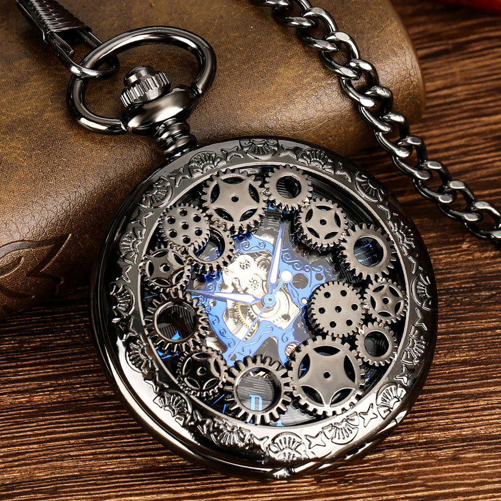 Mechanical Skeleton Pocket Watch with Roman Numerals, Classic Open Face Silver Fob Watch for Men Women
