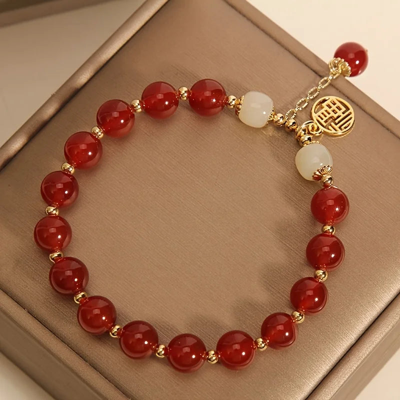 1 piece Chinese women's lucky bracelet - red lucky character auspicious beads, smooth spherical beads, elegant vintage jewelry gifts, auspicious for Mother's Day, birthday and daily wear