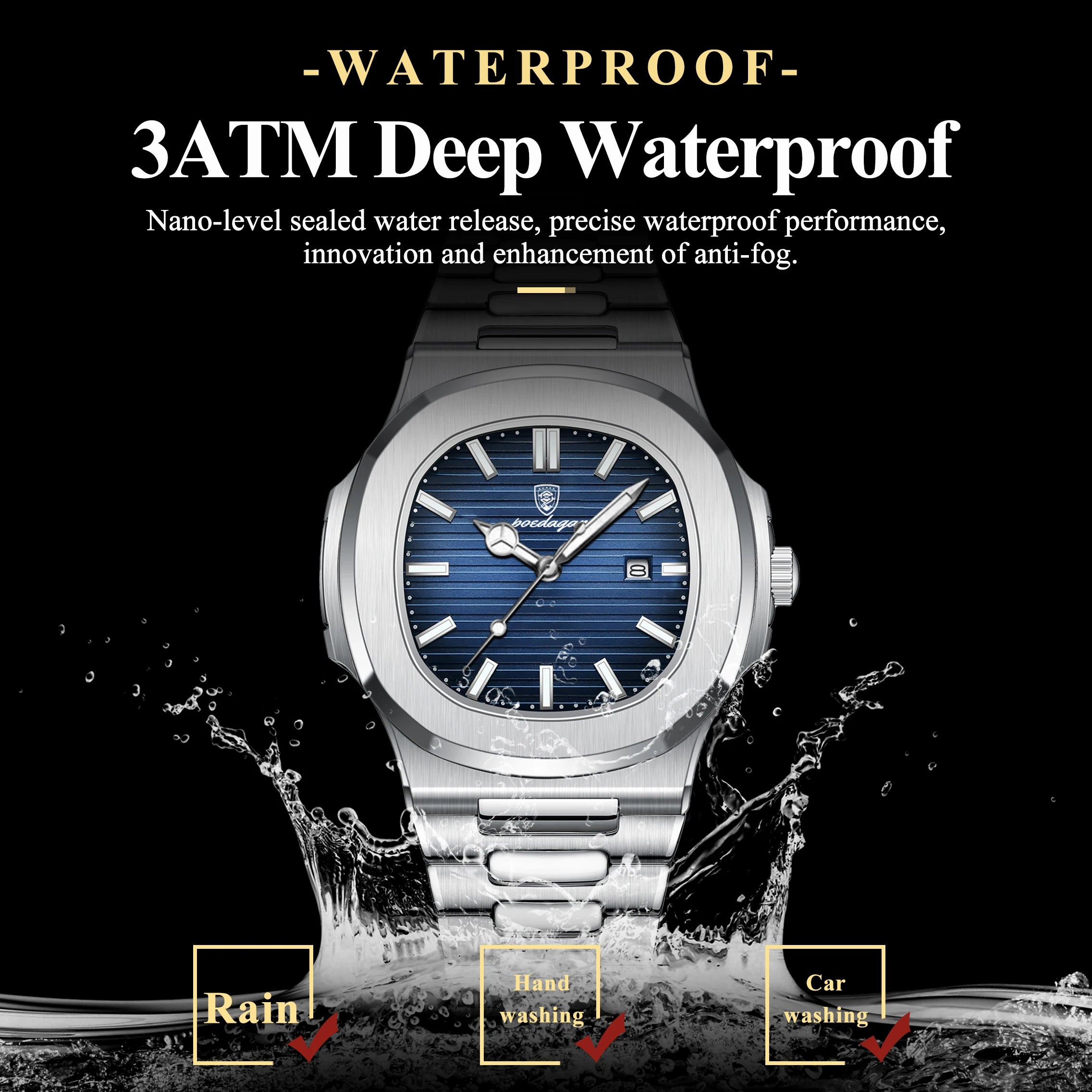 POEDAGAR Luxury Square Men’s Quartz Wristwatch Waterproof Luminous Date Stainless Steel Man Clock Business Sports Watches For Men Casual Male Reloj mbzr