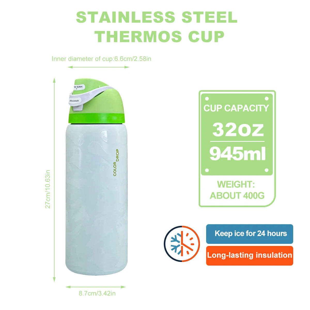 Owalaa nightlight ghost 32oz/945ml stainless steel insulated water bottle with straw,for daily sports outdoor,perfect gift mbzr