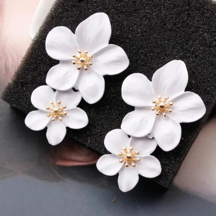 Korean Big Double Flower Drop Earrings for Woman Summer Beach Party Metal Statement Ear Boho Fashion Jewelry Girl Gift