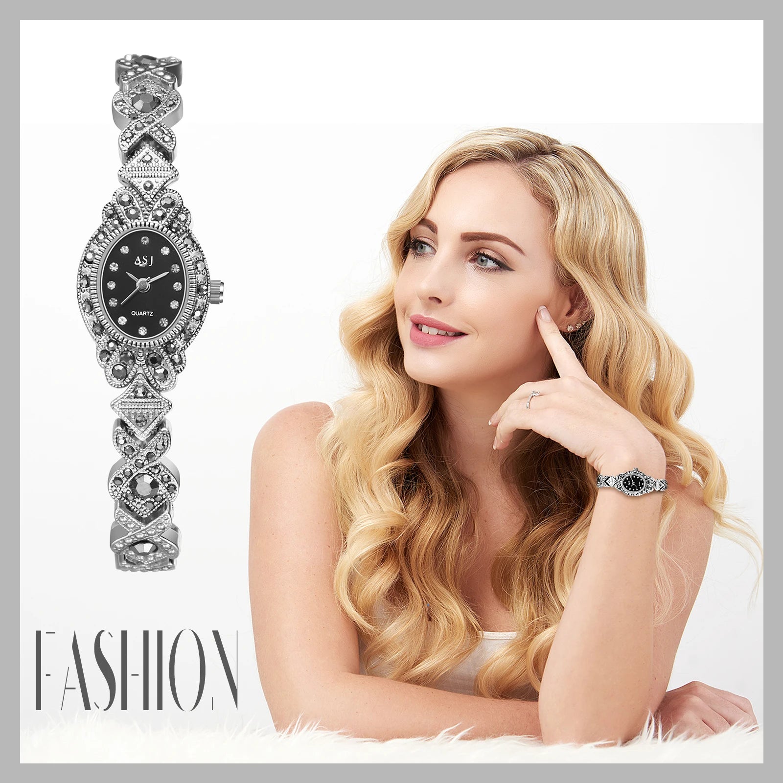 LANCARDO Women's Diamond Bracelet Watch Black Shiny Diamond Vintage Floral Dial Quartz Silver Black Women's Small Watch