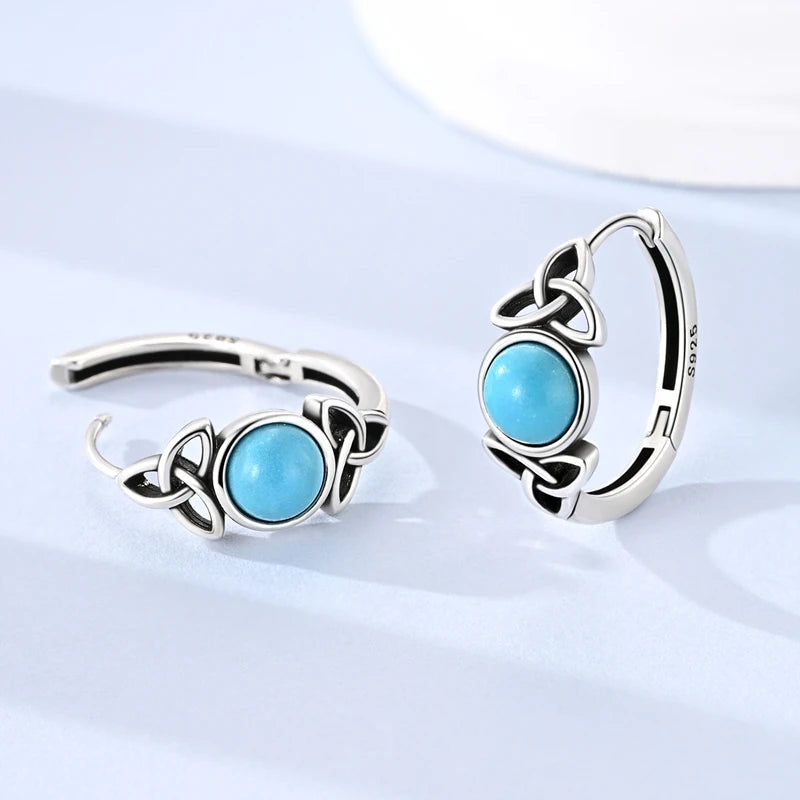 Original 925 Sterling Silver Unique Design Celtic Knot Blue Turquoise Hoop Earrings For Women Jewelry Gift mbzr