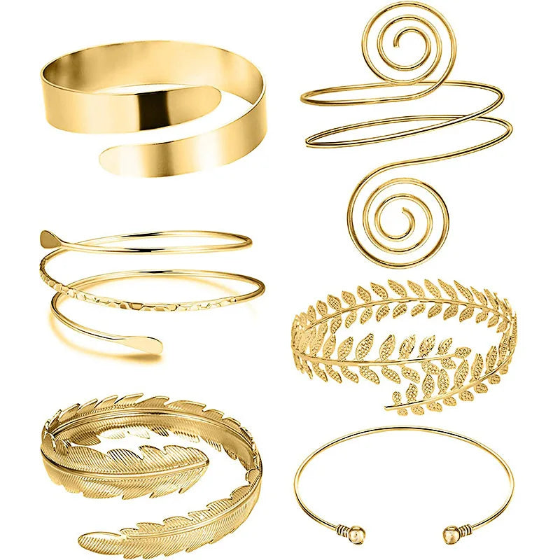 6-Piece bracelet set European and American hot-selling personalized geometric metal spiral leaf arm ring bracelet 6-piece set female