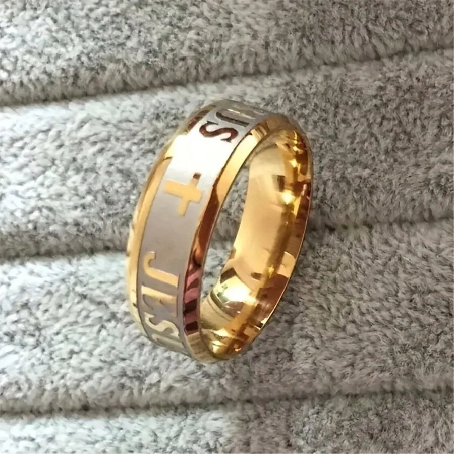 1pc Large Size 8mm 316 Titanium Steel 18K Silver Plated Gold Plated Jesus Cross Letter Bible Wedding Ring