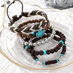 5-piece Bohemian Sea Turtle Vintage Wooden Shell Wax Rope Woven Bracelet Set