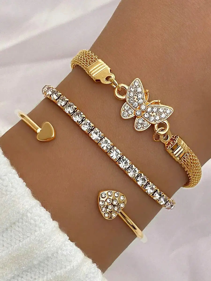 3pcs/Set Luxury Fashion Minimalist Personalized Rhinestone Butterfly & Heart Layered Bangle Bracelet, High-End Accessory Set For