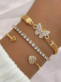 3pcs/Set Luxury Fashion Minimalist Personalized Rhinestone Butterfly & Heart Layered Bangle Bracelet, High-End Accessory Set For