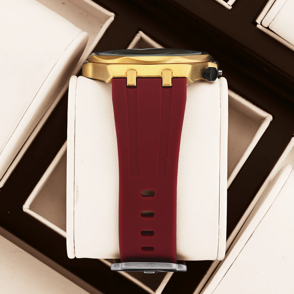 YaLaLuSi Octagon Gold Case Men Chronograph Watch Burgundy Red Grid Dial Silicone Strap Tachymeter Multi Sub Dial Date Waterproof Sports Quartz Wristwatch