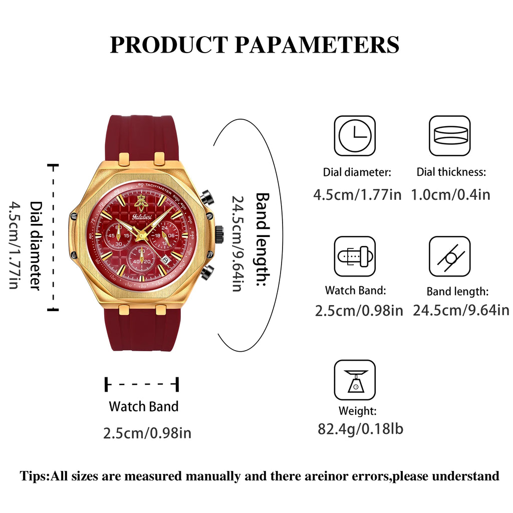 YaLaLuSi Silver Octagon Blue Chronograph Men Watch Tachymeter Silicone Strap Sport Quartz Wristwatch With Gift Box