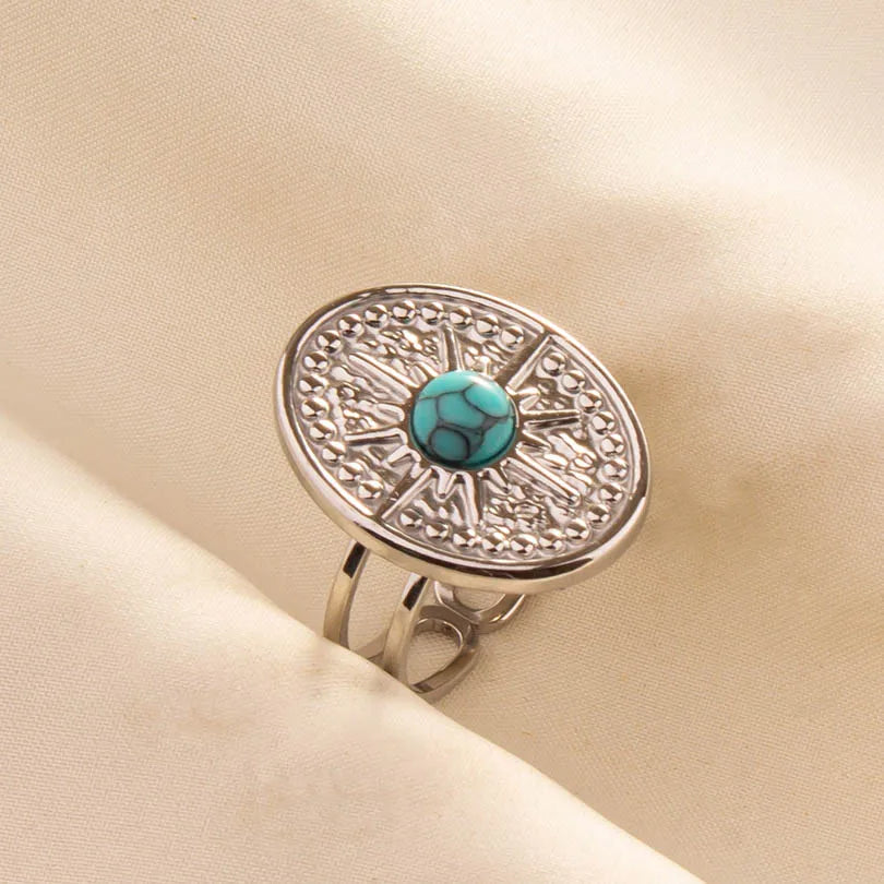 1pc Stainless Steel Boho Turquoise Open Finger Rings Trendy Adjustable Women Multi Layers Stackable