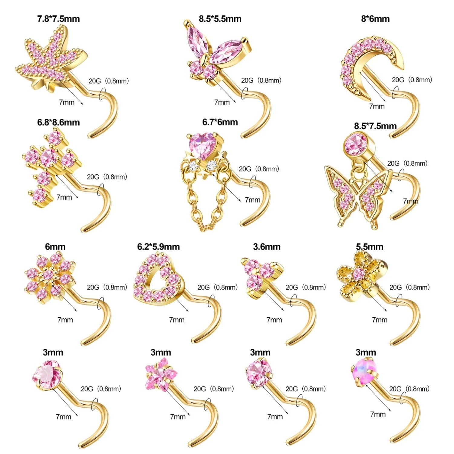 14Pcs Nose Rings Nose Studs for Women Nose Piercings 20G L Shaped Corkscrew Dangle Nose Rings Studs Simulated Diamond Pink CZ Opal Dangling Dangly Hanging Nose Piercing Jewelry with Heart Star Butterfly Flower Cross Moon Char