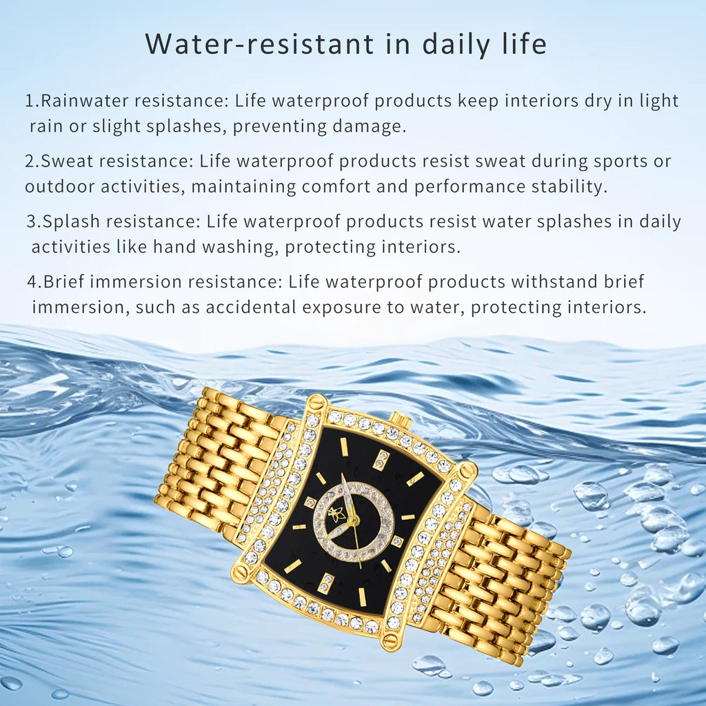 YaLaLuSi Tonneau Square Full Rhinestone Women Watch Black  Dial Double Halo Crystal Bezel Multi-Row Gold Link Bracelet Ladies Quartz Dress Wristwatch
