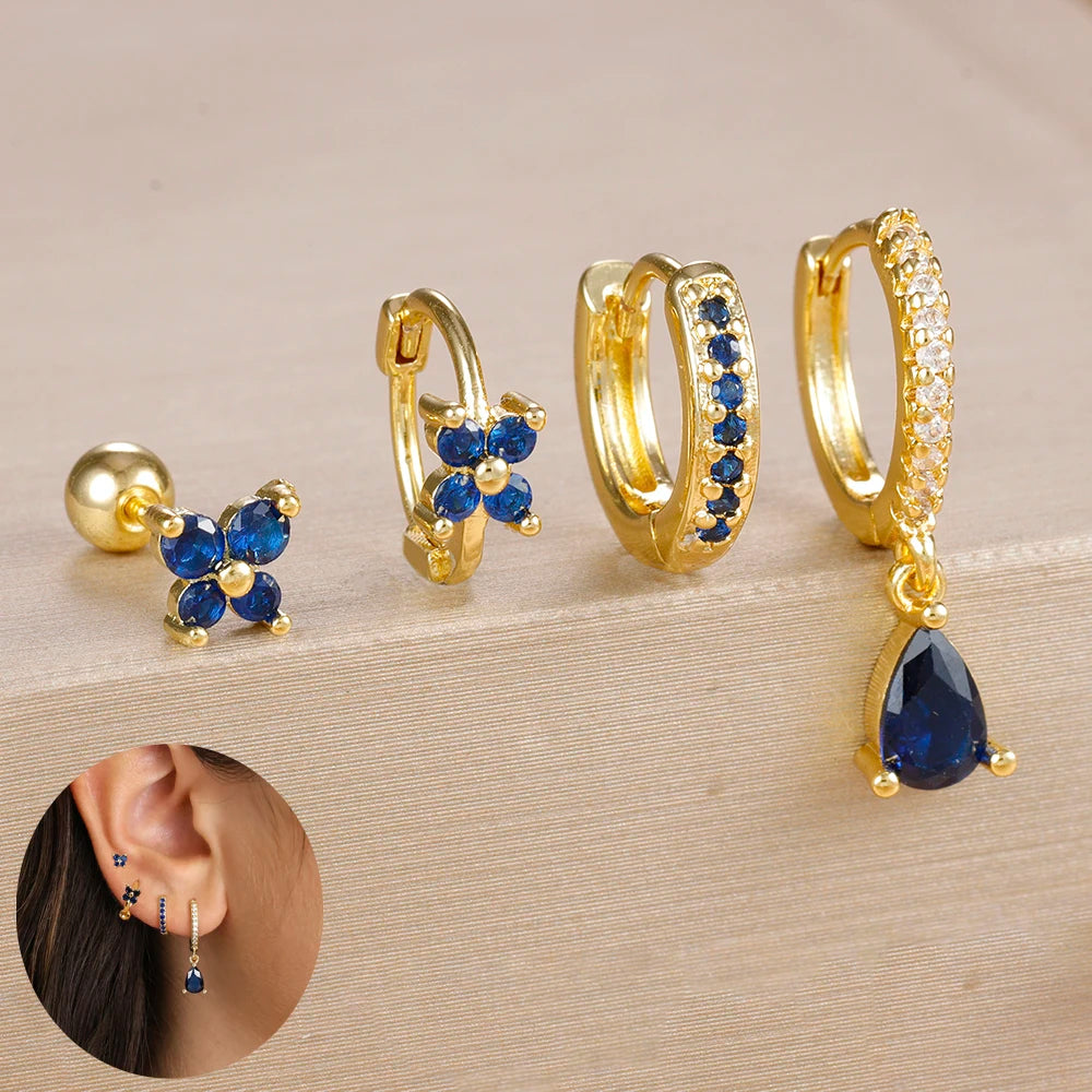 4pcs Korean Stainless Steel Zircon Water Drop Piercing Earrings Set for Women Simple Huggie Square Earring Fashion Jewelry mbzr