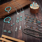 Turquoise Jewelry for Women Bohemian Western Jewelry Set Navajo Pearl Necklace Beaded Choker Necklace Turquoise Earrings Bracelet Vintage Knuckle Rings Boho Western Jewelry for Women