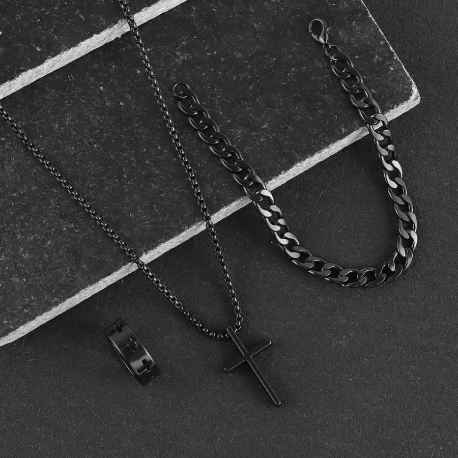 3pcs Fashion Alloy Men's Cross Pendant Necklace, Bracelet and Ring Combo Jewelry Set